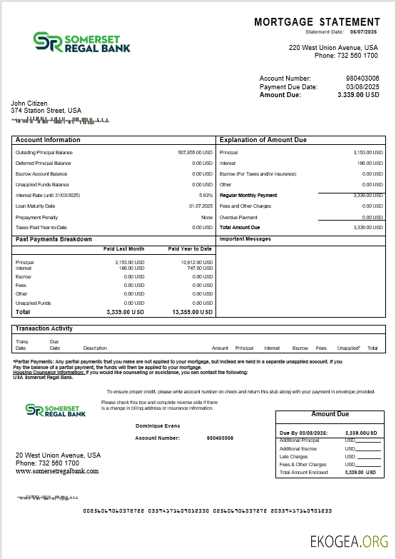 Relevé hypothécaire de la Somerset Regal Bank aux États , Unis aux formats Word et PDF